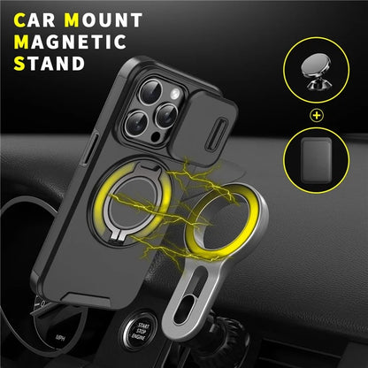 For iPhone 16 Pro Max Magnetic Case Kickstand TPU+PC Phone Case with Camera Lens Slide Cover