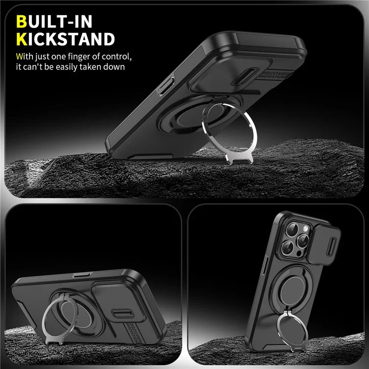 For iPhone 16 Pro Max Magnetic Case Kickstand TPU+PC Phone Case with Camera Lens Slide Cover