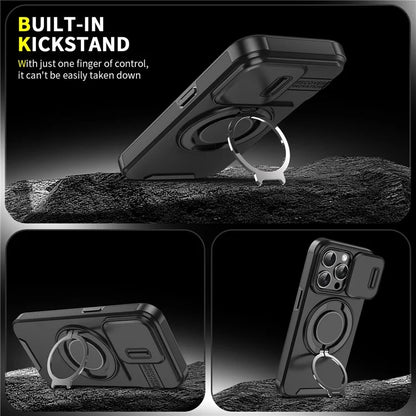For iPhone 16 Pro Max Magnetic Case Kickstand TPU+PC Phone Case with Camera Lens Slide Cover