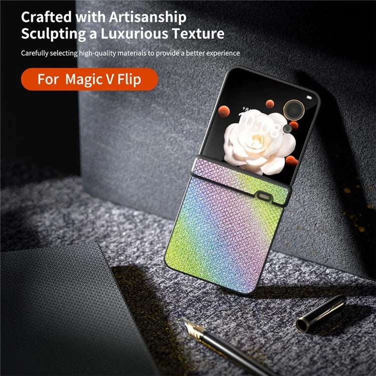 For Honor Magic V Flip 5G Case Hinge Design Rhinestone Texture PU Leather Phone Cover
