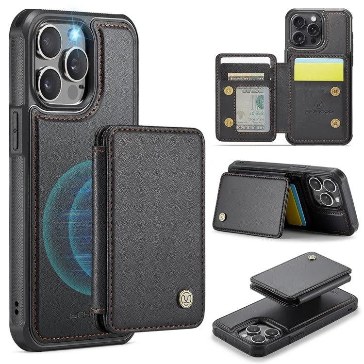 JEEHOOD J05 For iPhone 13 Pro Max Case RFID Blocking Card Bag Leather+TPU Phone Cover