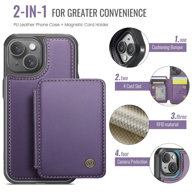 JEEHOOD J05 For iPhone 13 Case Card Slots Leather+TPU Phone Cover Detachable Design