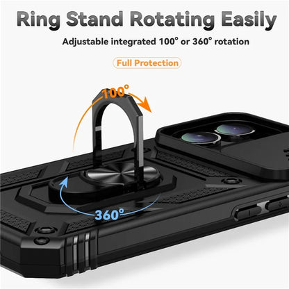 For iPhone 16 Plus Case Ring Kickstand PC+TPU Phone Protector with Slide Camera Cover