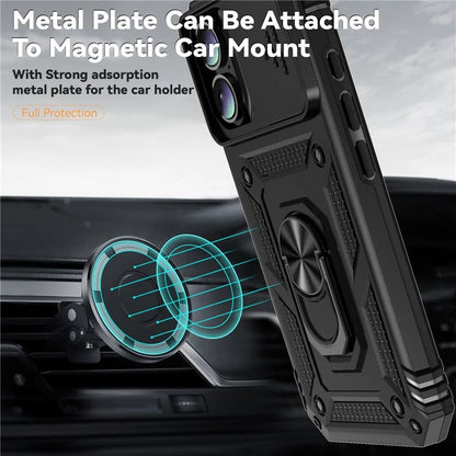 For iPhone 16 Plus Case Ring Kickstand PC+TPU Phone Protector with Slide Camera Cover