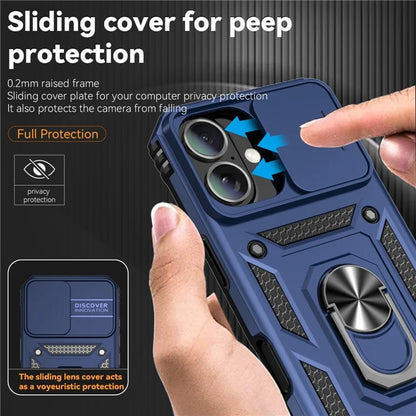 For iPhone 16 Plus Case Ring Kickstand PC+TPU Phone Protector with Slide Camera Cover
