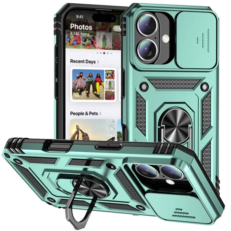 For iPhone 16 Plus Case Ring Kickstand PC+TPU Phone Protector with Slide Camera Cover
