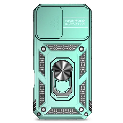 For iPhone 16 Plus Case Ring Kickstand PC+TPU Phone Protector with Slide Camera Cover