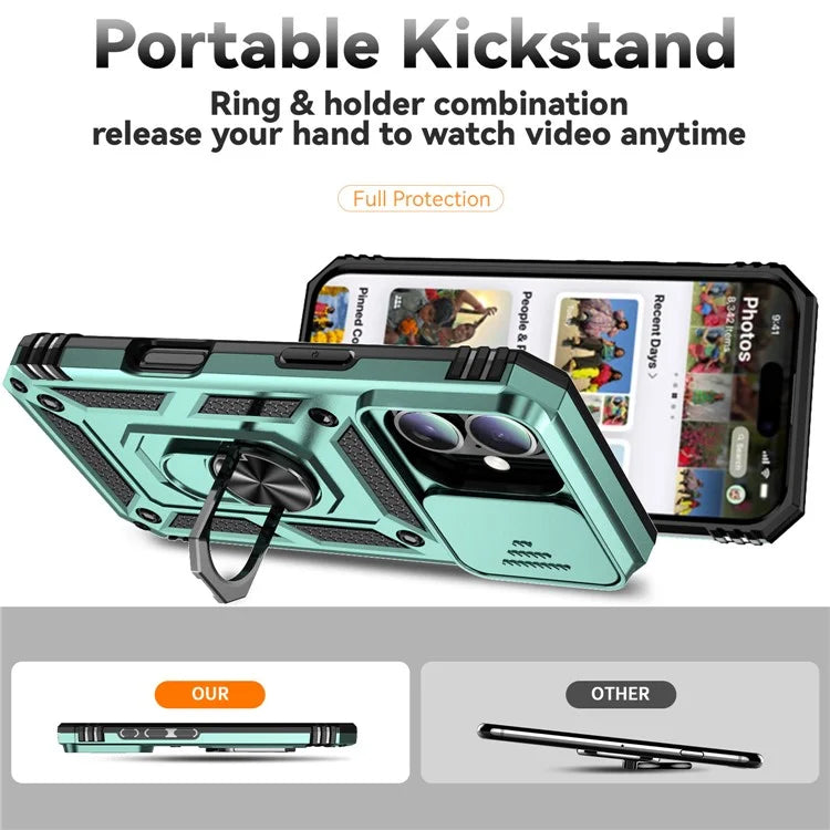 For iPhone 16 Plus Case Ring Kickstand PC+TPU Phone Protector with Slide Camera Cover