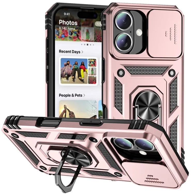 For iPhone 16 Plus Case Ring Kickstand PC+TPU Phone Protector with Slide Camera Cover