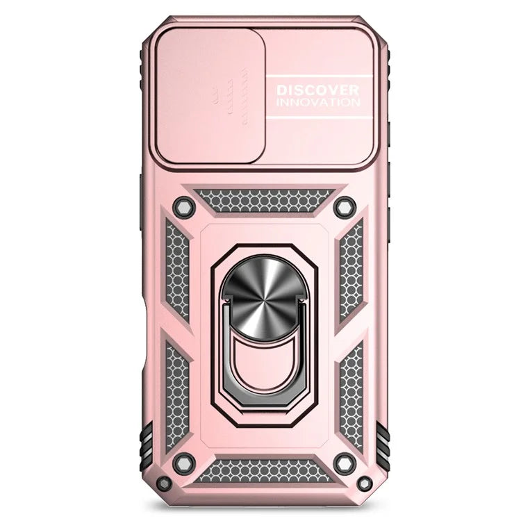 For iPhone 16 Plus Case Ring Kickstand PC+TPU Phone Protector with Slide Camera Cover