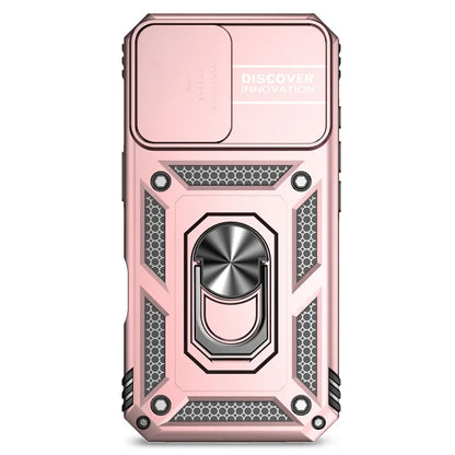 For iPhone 16 Plus Case Ring Kickstand PC+TPU Phone Protector with Slide Camera Cover