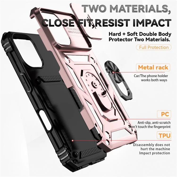 For iPhone 16 Plus Case Ring Kickstand PC+TPU Phone Protector with Slide Camera Cover
