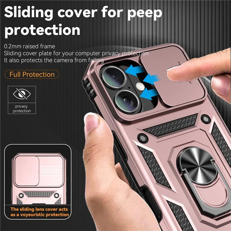 For iPhone 16 Plus Case Ring Kickstand PC+TPU Phone Protector with Slide Camera Cover