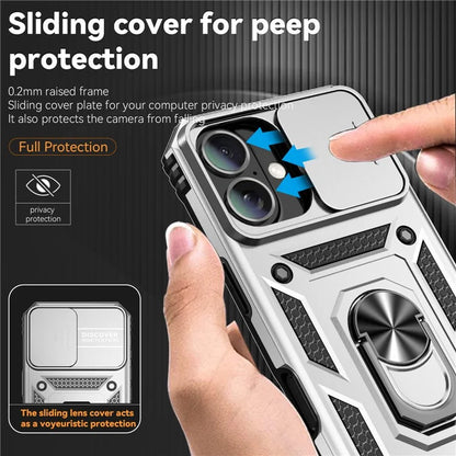 For iPhone 16 Plus Case Ring Kickstand PC+TPU Phone Protector with Slide Camera Cover