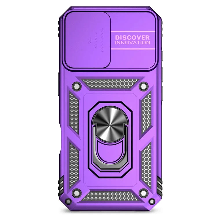 For iPhone 16 Plus Case Ring Kickstand PC+TPU Phone Protector with Slide Camera Cover