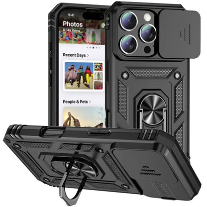 For iPhone 16 Pro Case Ring Kickstand PC+TPU Phone Cover with Camshield