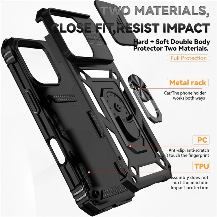 For iPhone 16 Pro Case Ring Kickstand PC+TPU Phone Cover with Camshield