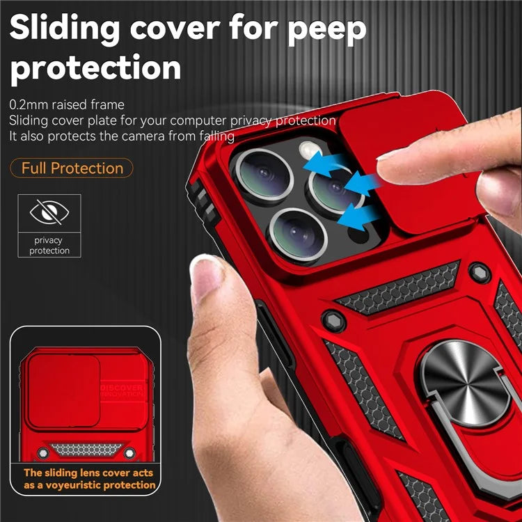 For iPhone 16 Pro Case Ring Kickstand PC+TPU Phone Cover with Camshield