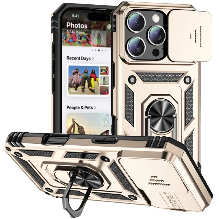 For iPhone 16 Pro Case Ring Kickstand PC+TPU Phone Cover with Camshield