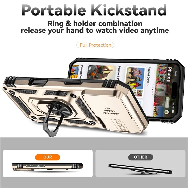 For iPhone 16 Pro Case Ring Kickstand PC+TPU Phone Cover with Camshield