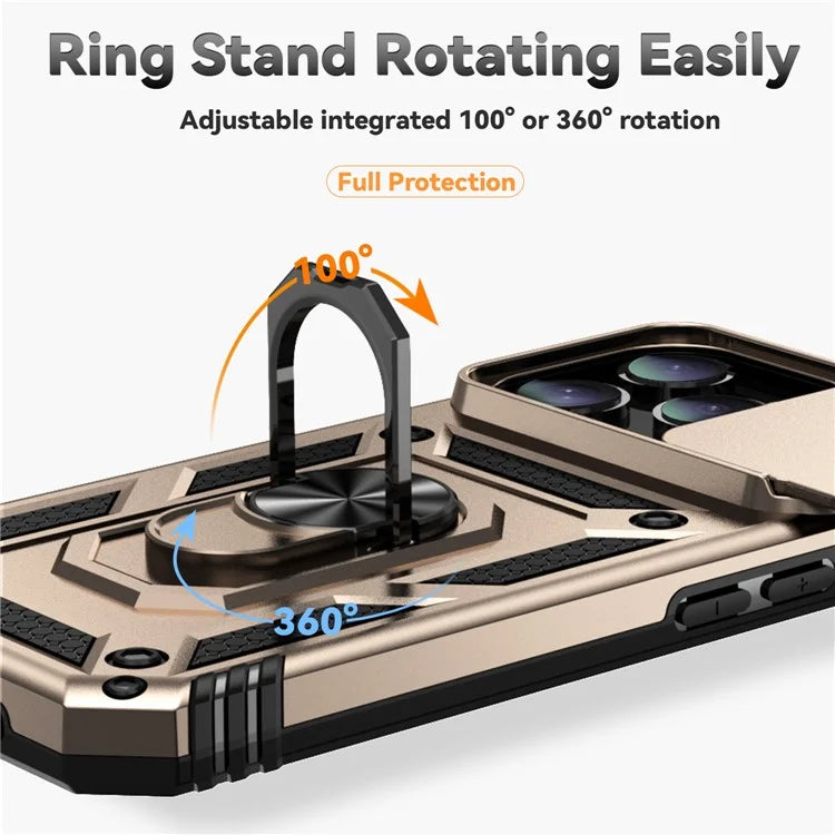 For iPhone 16 Pro Case Ring Kickstand PC+TPU Phone Cover with Camshield