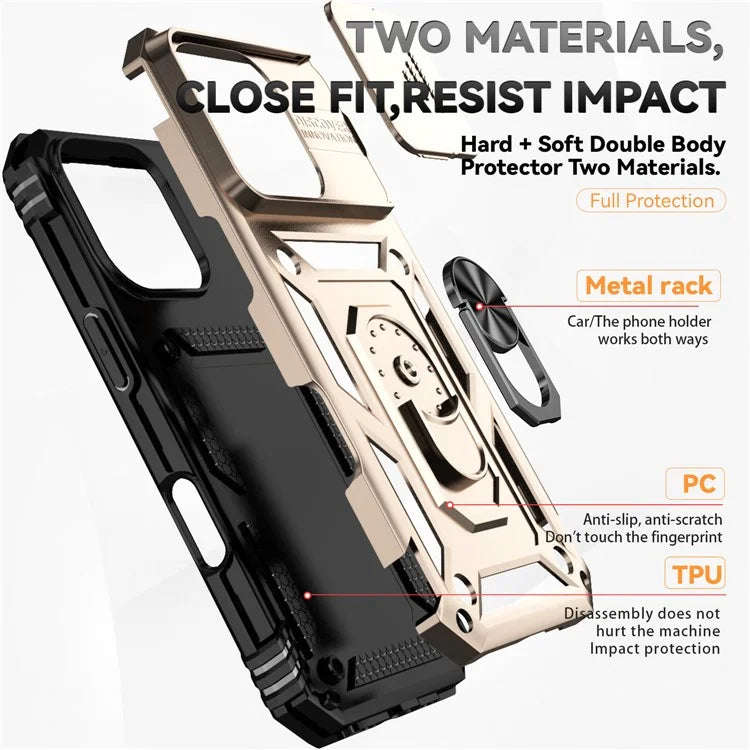 For iPhone 16 Pro Case Ring Kickstand PC+TPU Phone Cover with Camshield