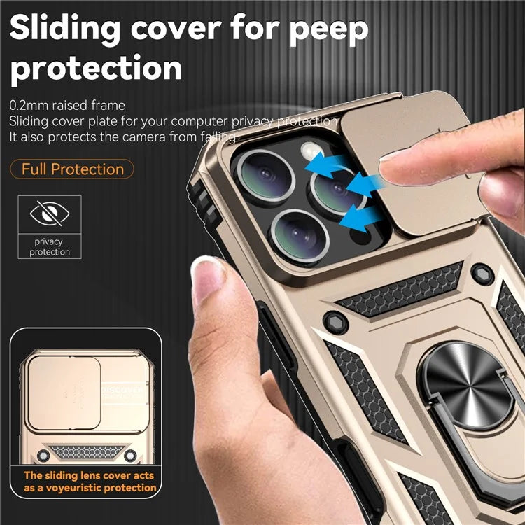 For iPhone 16 Pro Case Ring Kickstand PC+TPU Phone Cover with Camshield