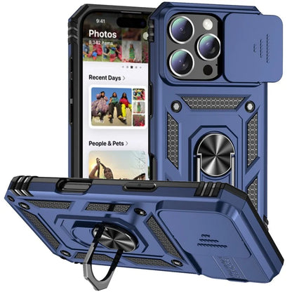 For iPhone 16 Pro Case Ring Kickstand PC+TPU Phone Cover with Camshield