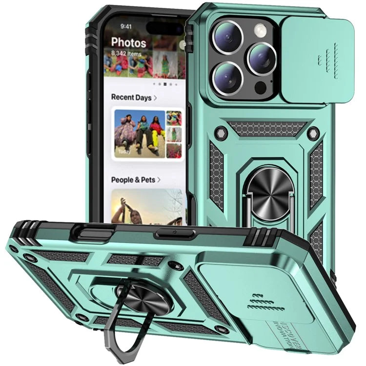 For iPhone 16 Pro Case Ring Kickstand PC+TPU Phone Cover with Camshield