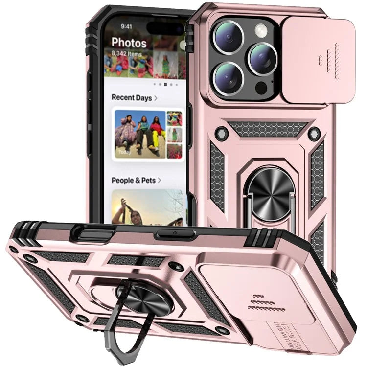 For iPhone 16 Pro Case Ring Kickstand PC+TPU Phone Cover with Camshield