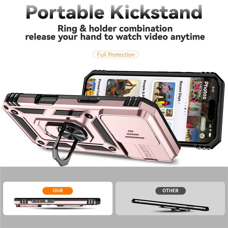 For iPhone 16 Pro Case Ring Kickstand PC+TPU Phone Cover with Camshield