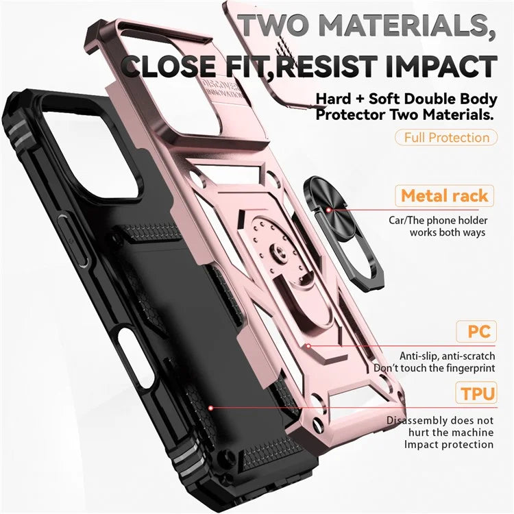 For iPhone 16 Pro Case Ring Kickstand PC+TPU Phone Cover with Camshield
