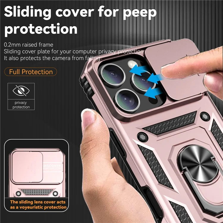 For iPhone 16 Pro Case Ring Kickstand PC+TPU Phone Cover with Camshield