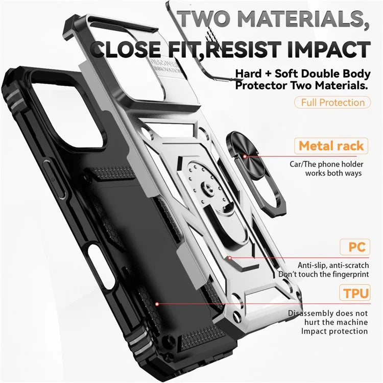 For iPhone 16 Pro Case Ring Kickstand PC+TPU Phone Cover with Camshield