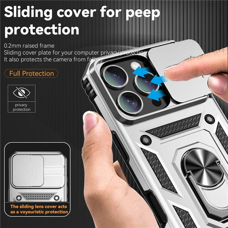 For iPhone 16 Pro Case Ring Kickstand PC+TPU Phone Cover with Camshield