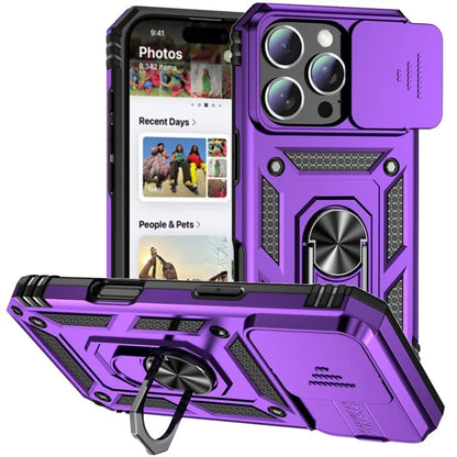 For iPhone 16 Pro Case Ring Kickstand PC+TPU Phone Cover with Camshield