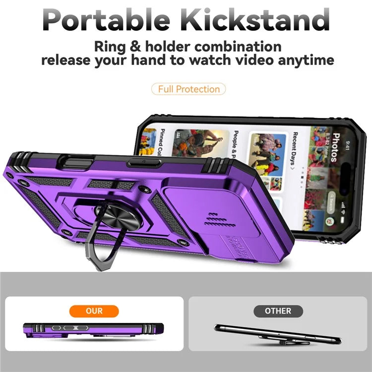 For iPhone 16 Pro Case Ring Kickstand PC+TPU Phone Cover with Camshield