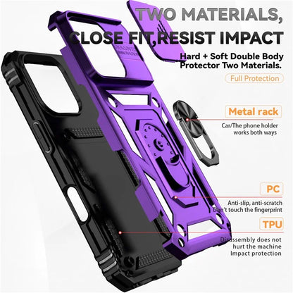 For iPhone 16 Pro Case Ring Kickstand PC+TPU Phone Cover with Camshield