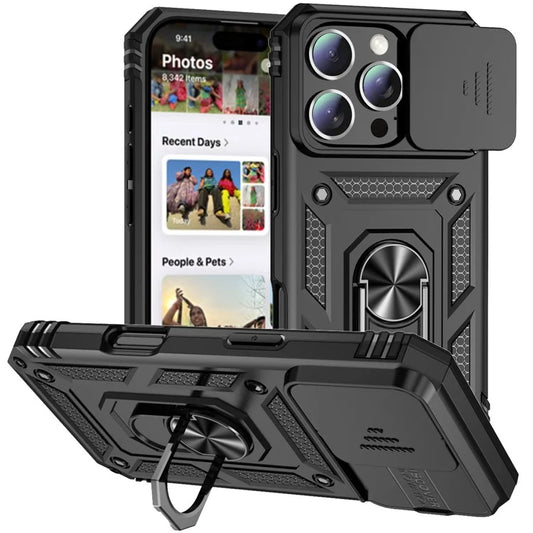 For iPhone 16 Pro Max Case Ring Kickstand Slide Camera Lid PC+TPU Phone Cover