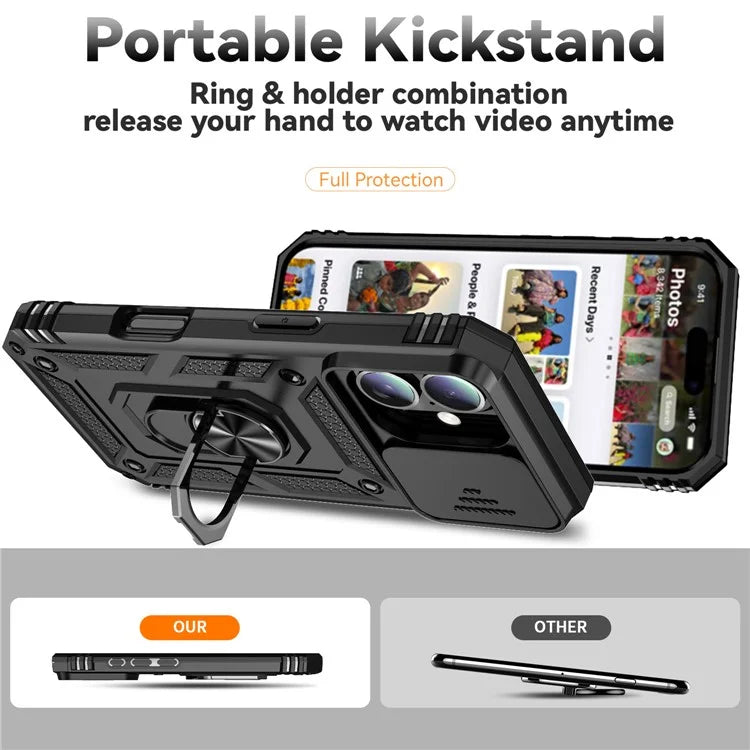 For iPhone 16 Case Ring Holder Kickstand Camshield PC+TPU Phone Cover