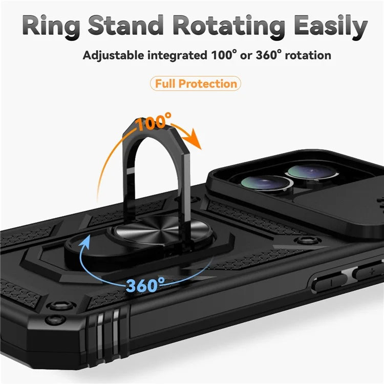 For iPhone 16 Case Ring Holder Kickstand Camshield PC+TPU Phone Cover