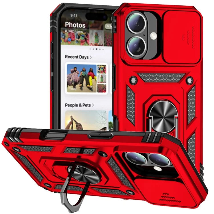 For iPhone 16 Case Ring Holder Kickstand Camshield PC+TPU Phone Cover