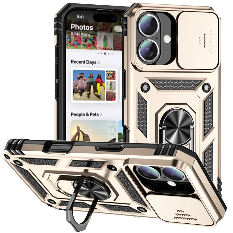 For iPhone 16 Case Ring Holder Kickstand Camshield PC+TPU Phone Cover