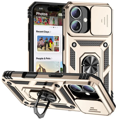 For iPhone 16 Case Ring Holder Kickstand Camshield PC+TPU Phone Cover