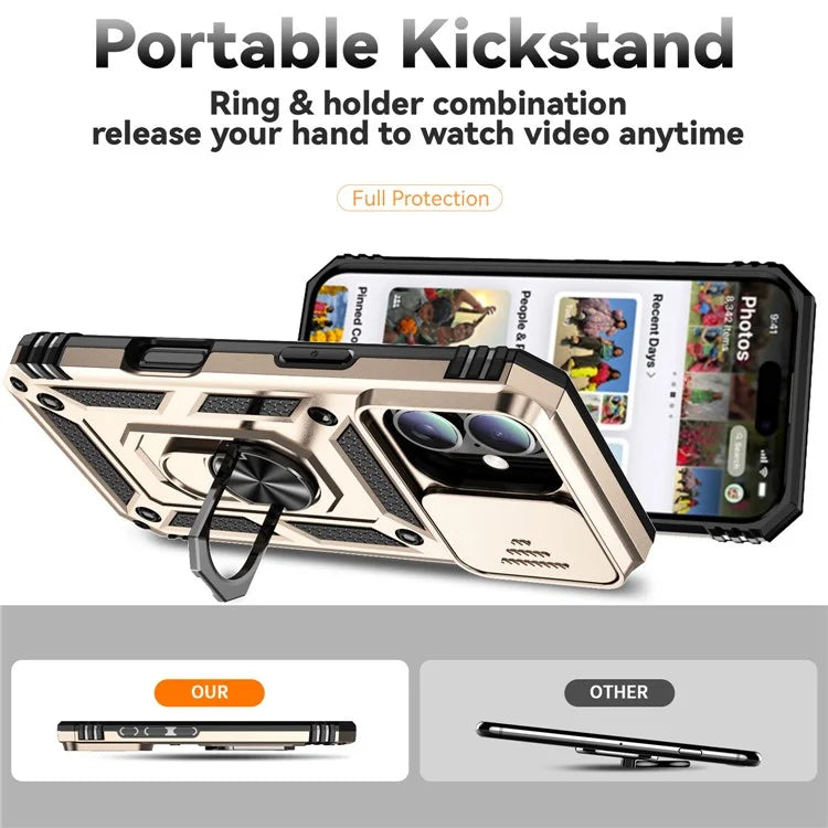 For iPhone 16 Case Ring Holder Kickstand Camshield PC+TPU Phone Cover