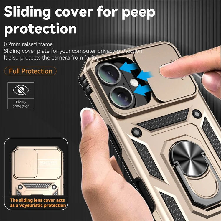 For iPhone 16 Case Ring Holder Kickstand Camshield PC+TPU Phone Cover