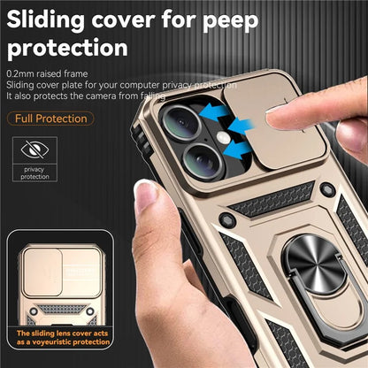 For iPhone 16 Case Ring Holder Kickstand Camshield PC+TPU Phone Cover