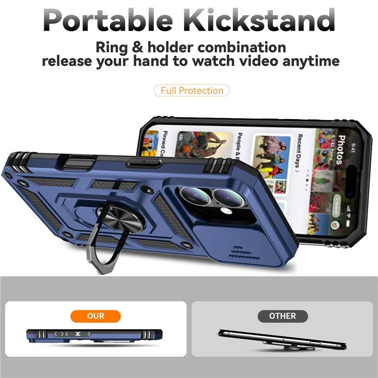 For iPhone 16 Case Ring Holder Kickstand Camshield PC+TPU Phone Cover