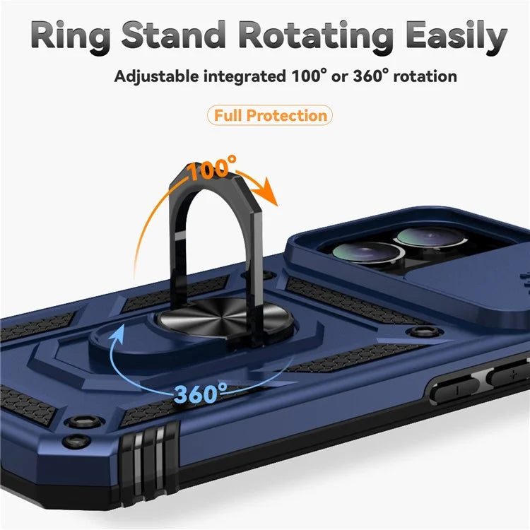 For iPhone 16 Case Ring Holder Kickstand Camshield PC+TPU Phone Cover
