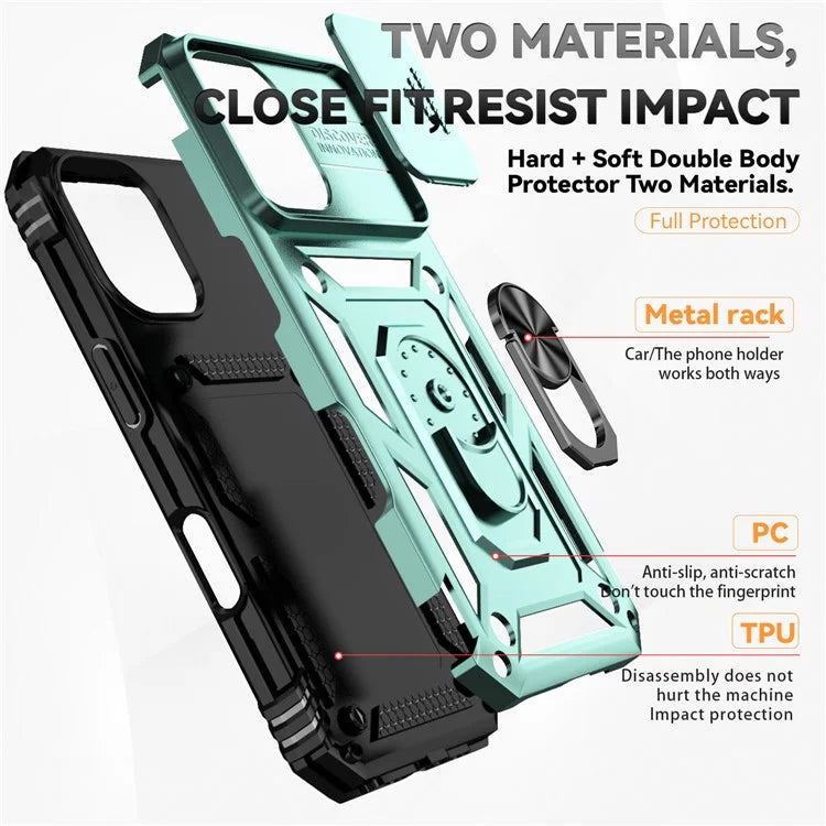 For iPhone 16 Case Ring Holder Kickstand Camshield PC+TPU Phone Cover